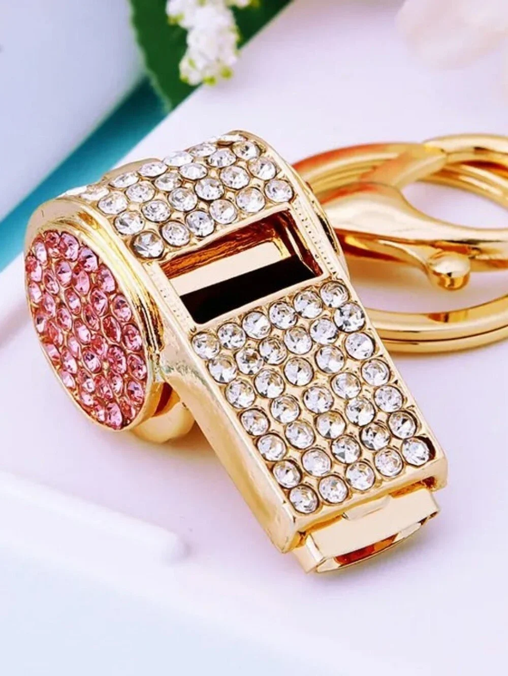 Gold Crystal Whistle Keychain with Blue Accent - Women Accessories